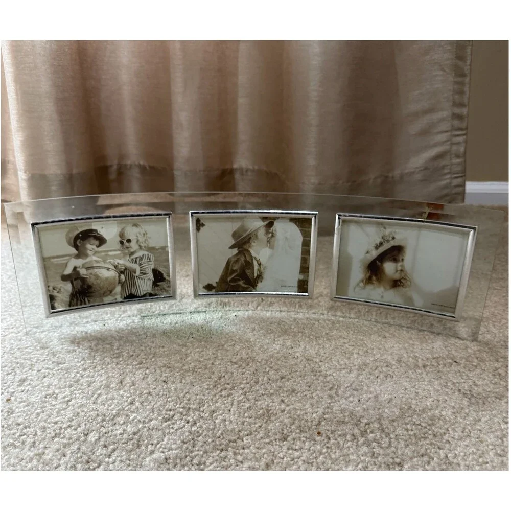 Curved Glass Triple Picture Frame 3 Photo Beveled Silver Desk Mantel Holder Bent